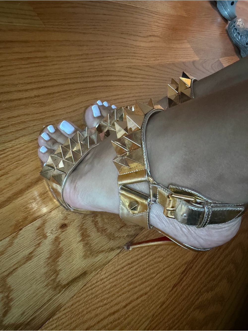 Christian Louboutin Gold Pyramid-Stud Ankle Strap Stilettos